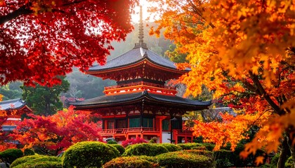 Fototapeta premium Japanese temple surrounded by autumn foliage.