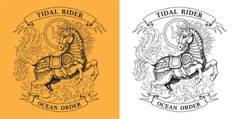 Tidal Rider Sea Horse Knight in Armor with Trident Symbol Nautical Vintage Engraving © Hamdani