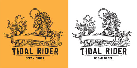 Armored Sea Horse Hippocampus Tidal Rider Nautical Sea Creature Line Art © Hamdani