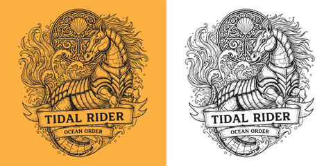 Majestic Tidal Rider Armored Sea Horse with Shell Ornament and Crashing Waves © Hamdani