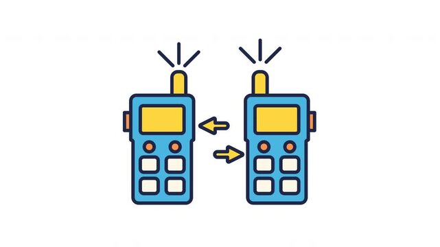 Two walkie talkies communicate via radio waves. Ideal for illustrating wireless communication, technology, teamwork, and emergency preparedness concepts.