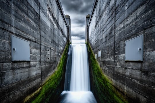 Waterfall between concrete dam walls with moody sky and mossy spillway