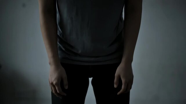 A person standing with their hands hanging loosely by their sides, in a somber, dimly lit setting, suggesting a mood of dejection or contemplation