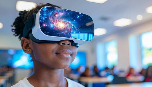 A close-up of a sleek VR headset worn by a child reflecting a vibrant digital world of exploration.