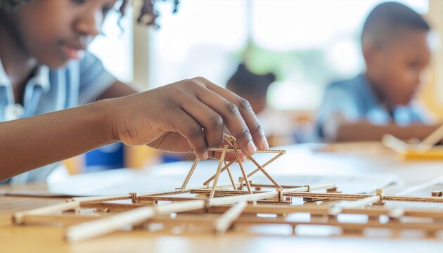 Over-the-shoulder shot of a focused student building a complex bridge model using small sticks.