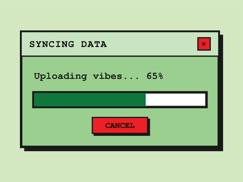 Vintage computer screen displaying data syncing and upload progress