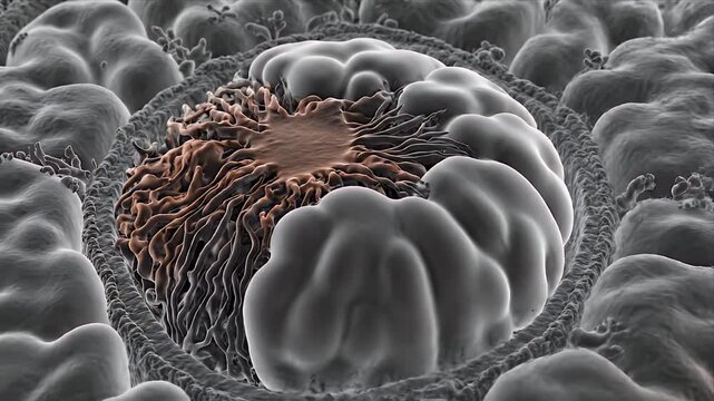 3D CGI Animation Of Cellular Respiration Process Showing Mitochondria Energy Production With Glowing Inner Structures And Abstract Dark Background For Scientific Education
