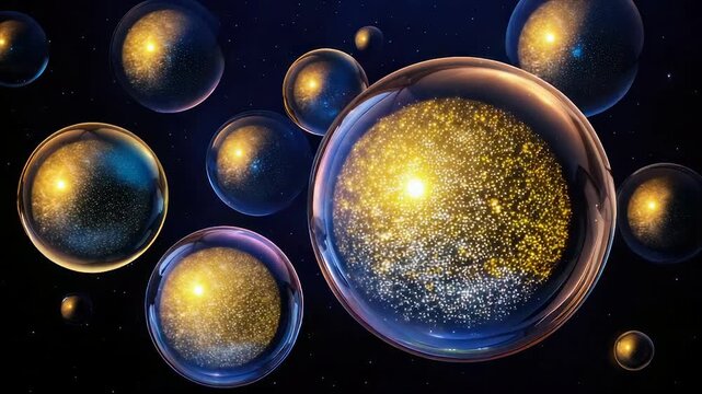 Spherical bubbles filled with glowing galaxies float in a star-filled void