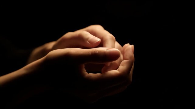 A close-up shot of praying hands in silhouette, bathed in soft light against a dark background, symbolizing hope and faith