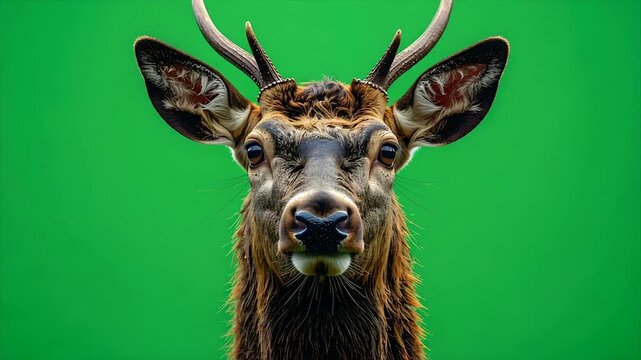 A close-up portrait of a deer with antlers, set against a vibrant green backdrop