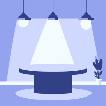 Illustration vectorielle d'une table ronde sous trois projecteurs lumineux dans une pi&egrave;ce bleue minimaliste avec une plante en pot.