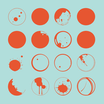 Cole&ccedil;&atilde;o vetorial de c&iacute;rculos laranja com respingos e texturas grunge sobre um fundo azul claro, ideal para design gr&aacute;fico e elementos art&iacute;sticos modernos.