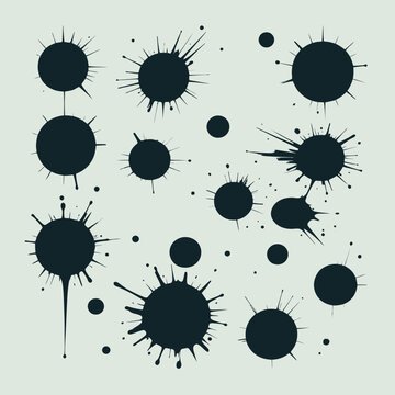 Cole&ccedil;&atilde;o de respingos e manchas de tinta preta abstratas, criando um efeito grunge din&acirc;mico para design gr&aacute;fico e fundos modernos.