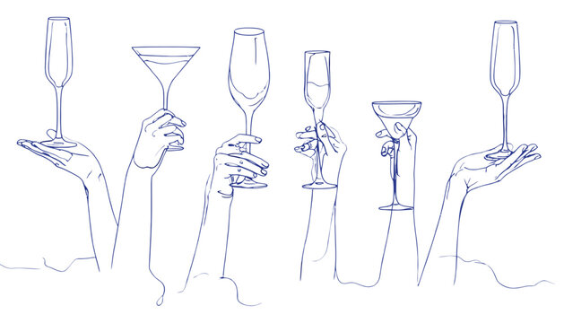 Ilustra&ccedil;&atilde;o vetorial de m&atilde;os segurando ta&ccedil;as de champanhe, martini e vinho, ideal para celebra&ccedil;&otilde;es e eventos sociais.
