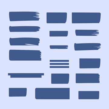 Cole&ccedil;&atilde;o de tra&ccedil;os de pincel azuis e caixas de texto com bordas irregulares para elementos gr&aacute;ficos de design plano e destaques.