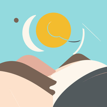 Ilustra&ccedil;&atilde;o abstrata e minimalista de uma paisagem serena com montanhas estilizadas, sol amarelo, lua crescente e c&eacute;u azul claro, transmitindo tranquilidade e harmonia.