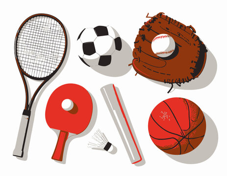Ilustra&ccedil;&atilde;o de equipamentos esportivos variados, como raquete de t&ecirc;nis, bola de futebol e luva de beisebol, em fundo branco.