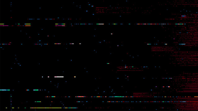 Glitch background vector with abstract digital noise effect. Distorted television signal with horizontal bars and pixelated grain. Static screen texture for technology graphic design.