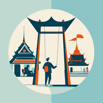 Flache Illustration eines Backpackers vor der ber&uuml;hmten Riesenschaukel Sao Ching Cha und traditionellen thail&auml;ndischen Tempeln in Bangkok.