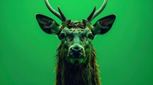 A front-facing portrait of a deer with antlers, in green hues, against a green background