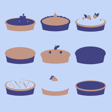 Colecci&oacute;n de ilustraciones vectoriales minimalistas de tartas y pasteles variados con dise&ntilde;o plano, perfectas para men&uacute;s digitales y webs de reposter&iacute;a.
