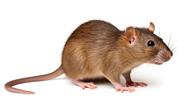 Brown rat with long tapering tail and pointed snout standing on a white background in profile