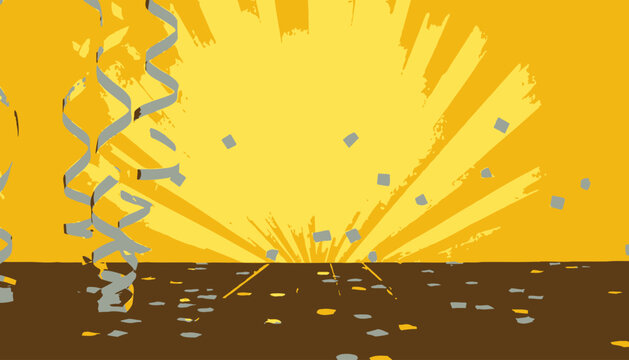 Illustrazione vibrante di una celebrazione con coriandoli e stelle filanti che cadono su uno sfondo giallo raggiante.