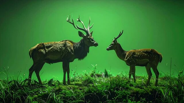 Two deer stand in a green field, one larger with large antlers, facing each other