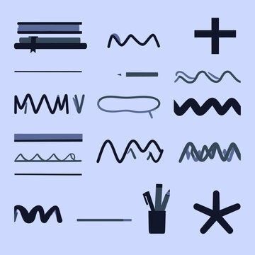 Set di icone doodle minimaliste e disegnate a mano: libri, linee, simboli e portapenne su sfondo blu chiaro per progetti creativi e di studio.
