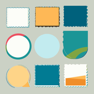 Set di elementi grafici vettoriali con forme geometriche, cornici decorative e adesivi colorati per web design e branding.