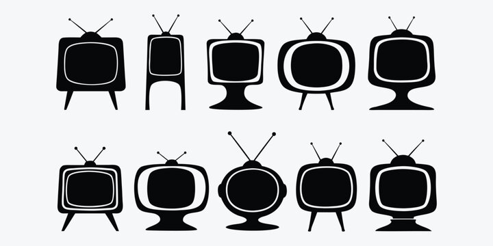 A collection of old television sets in silhouette mode against a plain background