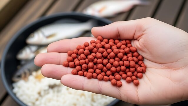 Hand Offering Pelleted Fish Food Preparation for Aquaponics System