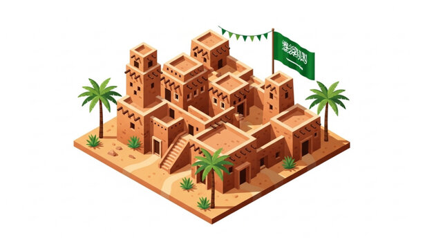 Isometric Al Diriyah ruins Riyadh Saudi Arabia vector illustration with cultural heritage and National Day theme