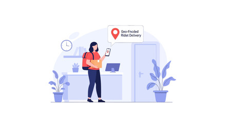 Obraz premium Delivery person with package and smartphone tracking geo-located delivery on map