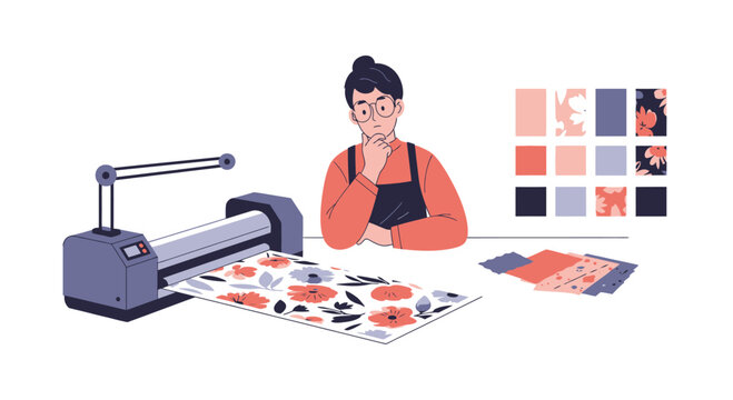 Designer choosing fabric patterns for printing on a laminator machine, color swatches nearby