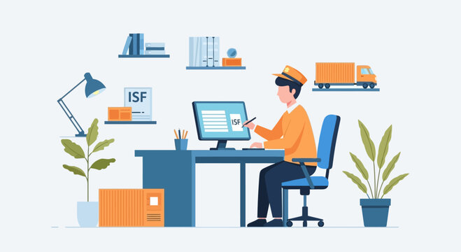 Logistics worker at desk with computer and delivery truck, shipping and delivery concept