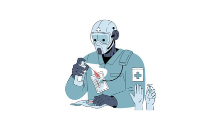 Fototapeta premium Medic in protective gear applying first aid spray to wound, medical emergency response