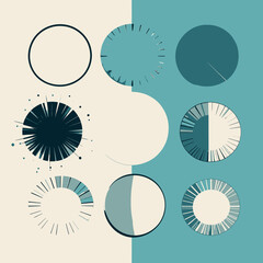Zestaw dziewięciu abstrakcyjnych, geometrycznych wzorów okręgów w minimalistycznym stylu, z dwukolorowym tłem, idealny do nowoczesnych projektów graficznych.