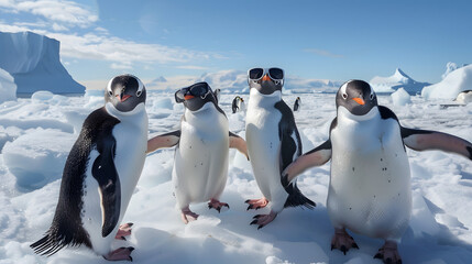 Fototapeta premium Five Penguins Standing close together on snowy