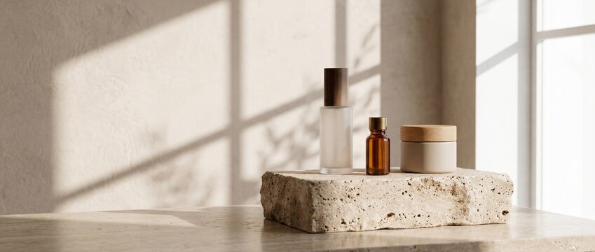Minimalist skincare bottles arranged on stone with soft window light and shadows