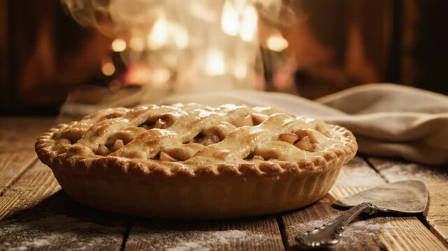 Warm Apple Pie Freshly Baked by the Fireplace.