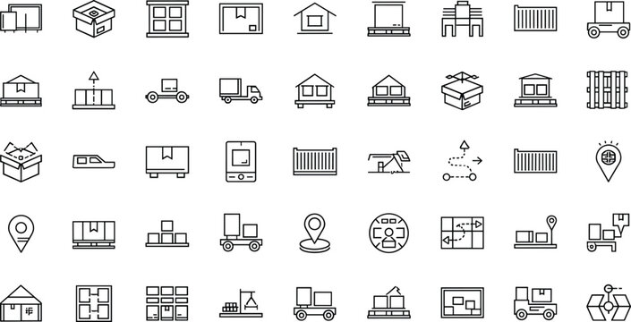 Set of Line Icons Representing Warehouse, Inventory, Shipping Containers, Logistics, and Transportation for Supply Chain and Freight Management