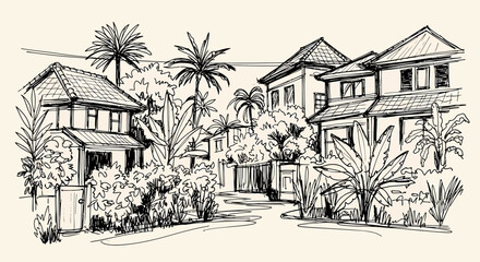 Ink sketch vector illustration of a serene tropical neighborhood street with houses and palm trees. © Crushin