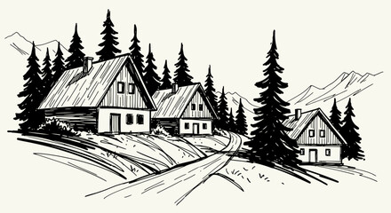Naklejka premium An ink sketch vector illustration of rustic houses on a snowy hill surrounded by evergreen trees and mountains.