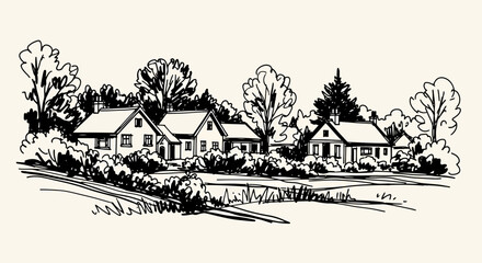 Obraz premium A serene ink sketch vector illustration of houses surrounded by trees and grassy areas in a natural landscape