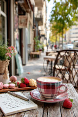 Fototapeta premium Spring Summer outdoor leisure relaxation activity. A vivid outdoor scene depicts a cozy cafe setting. A cup of cappuccino with frothy foam sits on a wooden table.