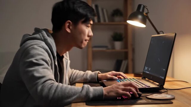 A young man focused on his work, typing on a laptop in a cozy, dimly lit room.