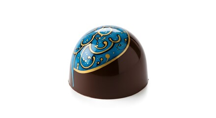 Fototapeta premium Close-up shot of a single, beautifully decorated chocolate candy. The chocolate is dark and glossy, with a vibrant, intricate design on top