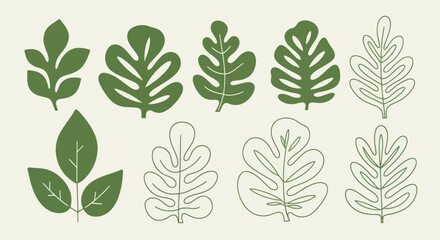 Collection of Green and Outline Botanical Leaves for Nature-Inspired Designs. © Nabih