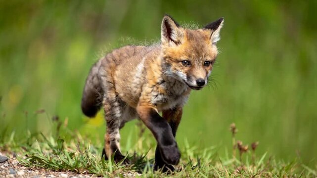 緑の草原で前足を上げながら元気よく歩く赤いキツネの子供のクローズアップ